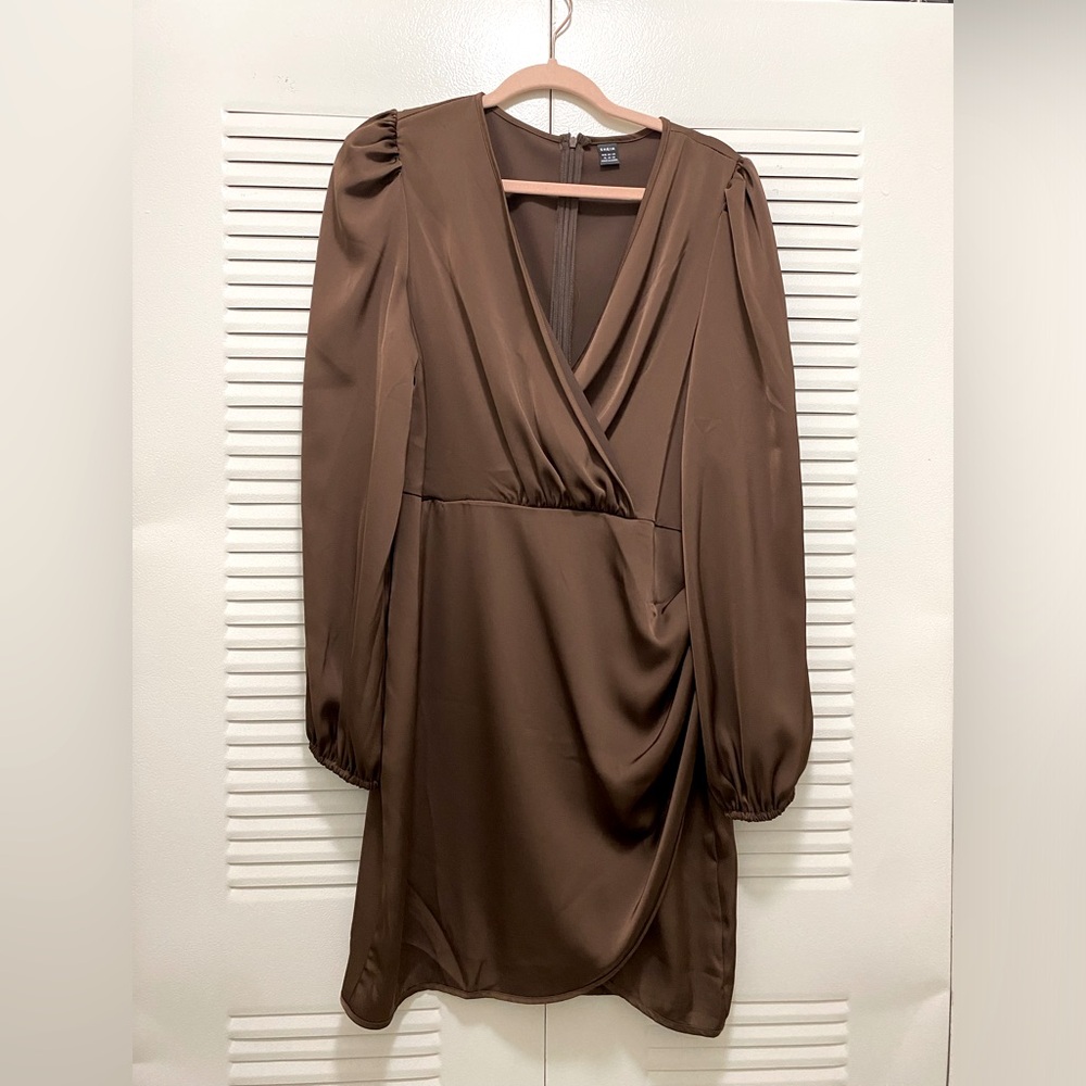 Elegant Brown V Neck Sleeve Wrap Dress